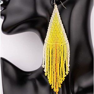 Long 5.5" Yellow Striped Earrings Handmade Oversized Beaded Bohemian Seed Beads